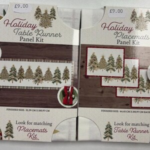 May include: Two Christmas panel kits. One is a table runner kit with a finished size of 32.39 cm x 100.97 cm, and the other is a placemat kit with a finished size of 44.43 cm x 100.97 cm each. Both feature a Christmas tree design.