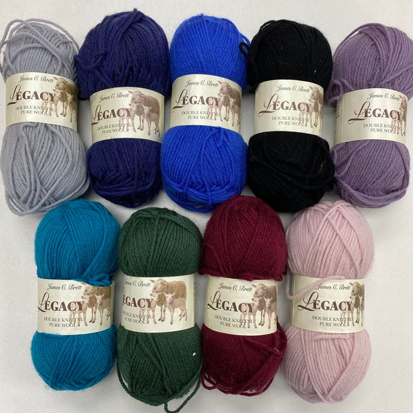 James C Brett Legacy pure wool double knit wool. 128 metres - 140 yards. 100% superwash wool. 50g balls. DISCONTINUED STOCK