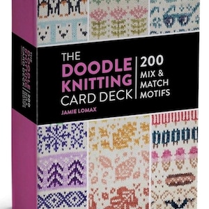 May include: A boxed card deck titled "The Doodle Knitting Card Deck" with "200 Mix & Match Motifs" printed on the front. The box has a pink side and a black top with various knitted pattern designs, including penguins, flowers, and snowflakes.