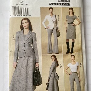 May include: Vogue Patterns Wardrobe sewing pattern for a skirt and jacket set. The pattern includes instructions for making a skirt, jacket, trousers, and a dress. The pattern is for sizes 6-8-10-12. The pattern is for a woman's wardrobe.