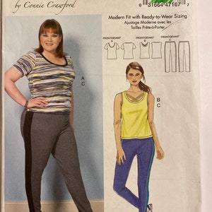 May include: A sewing pattern for a women's top and trousers. The pattern is from Butterick and designed by Connie Crawford. The pattern number is B6498. The pattern includes instructions for making a striped top and solid trousers with side stripes.