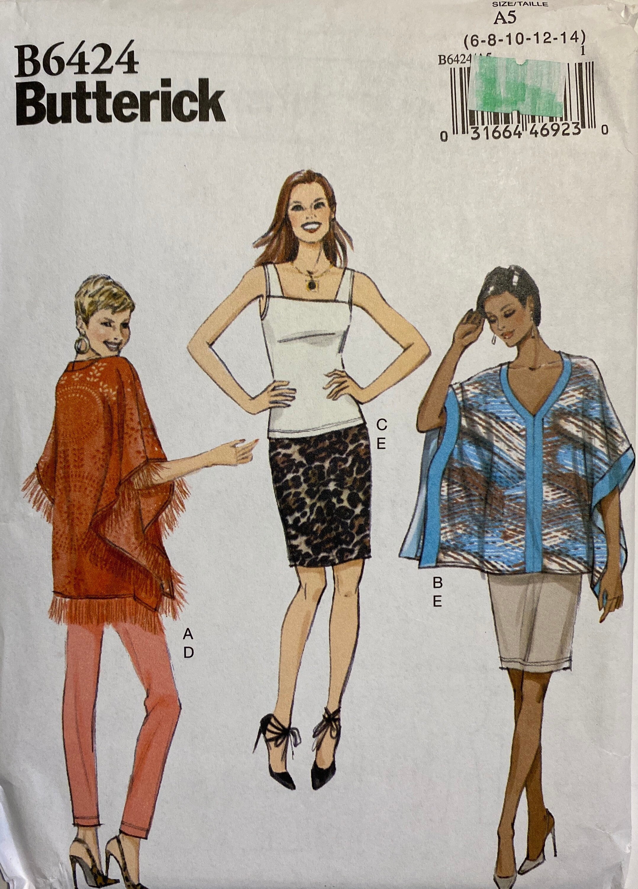 Butterick B6424 Uncut Sewing Pattern Misses Poncho, Top
