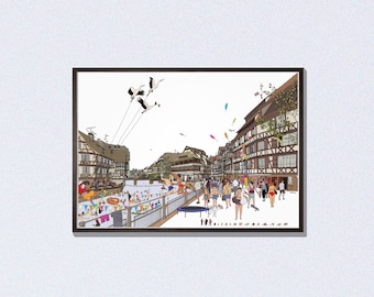 Poster "Hans à la Petite France" # Strasbourg # game # decoration # Alsace # souvenir of Alsace # architecture # storks # gastronomy