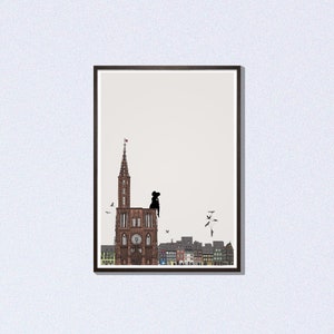 May include: A black and white illustration of a cityscape with a tall church building in the centre. The church has a clock face and a spire. There are smaller buildings on either side of the church.