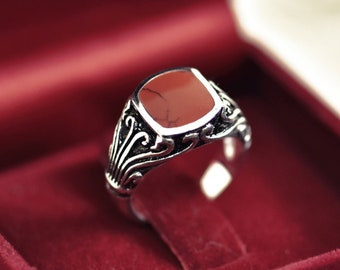Red Jasper Sterling Silver Signet Ring: Wide Band Unisex Jewelry