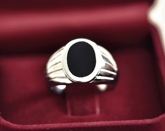 Black Onyx Sterling Silver Signet Ring - Unisex Flat Top Band