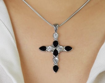 Black Onyx & Mother of Pearl Cross Pendant - Sterling Silver Necklace