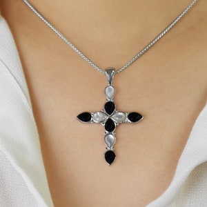 Black Onyx and Mother Of Pearl Cross Pendant Necklace, Black and white Gemstone Necklace, Black And White Cross, Silver Cross, Mothers Day