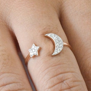 Moon and Star Diamond Ring / 18k Gold Filled Moon Star Ring / Crescent Moon and Star Stacking Minimalist Everyday Engagement Ring