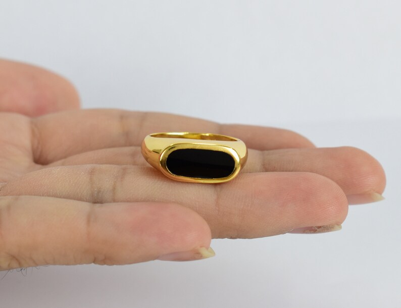 14k Gold Filled Ring Inlay Black Onyx Ring Flat Gold Etsy