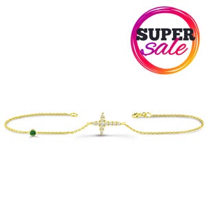 Ruby Emerald Sapphire Cross Bracelet: 14K Gold Religious Jewelry
