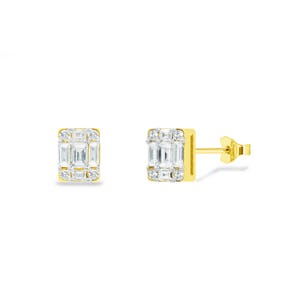 Baguette Diamond studs / Tiny Earrings Pair / 18K 14K 10K Solid Gold Baguette and Round Diamond Illusion Setting Earrings / Minimal Earrings