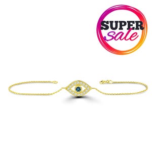 Dainty 18K Gold Evil Eye Bracelet: Sapphire Accent, Minimalist Jewelry