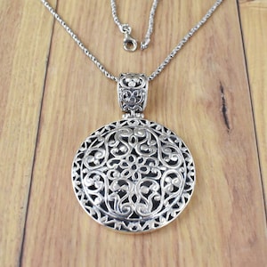 Pure 92.5% Silver Medallion Necklace, Silver Boho Pendant Necklace, Mandala Pendant, Large Filigree Necklace, Heavy 26 Gram Necklace SN18