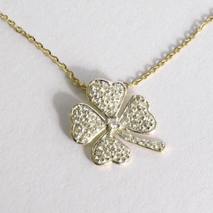 Diamond Clover Charm Necklace / 18K 14K 10K Solid Gold Four Leaf Clover Pendant Necklace / Lucky Clover Diamond Necklace Free Shipping