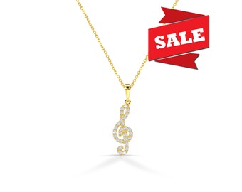 18K Solid Gold & Stainless Steel Music Note Pendant Necklace With Lab Diamonds – Italian Made