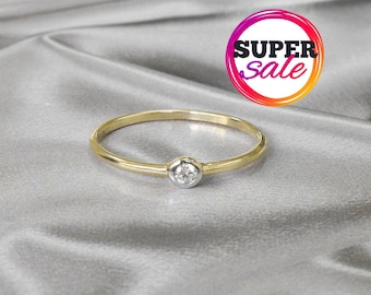 Bezel Set Diamond Solitaire Ring: 18K Solid Gold Thin Band