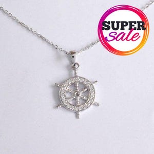 Solid Gold Diamond Ship Wheel Necklace: Nautical Charm Pendant