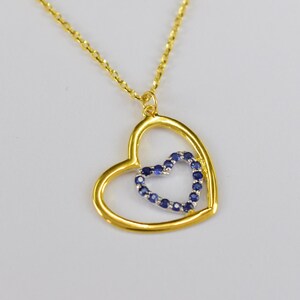Blue Sapphire heart Necklace / 18K 14K 10K Solid Gold Heart Charm / Dainty Heart Necklace / Valentine Jewelry / Two Heart Pendant Necklace.