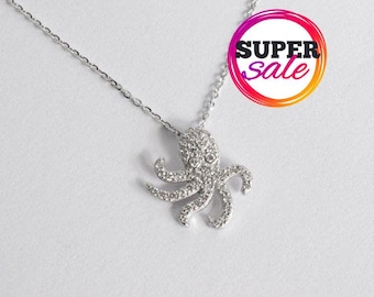 Dainty 14K Gold Diamond Octopus Necklace: Ocean Marine Life Pendant