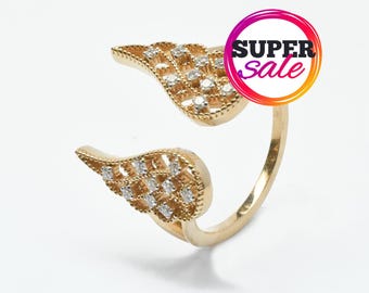 Solid Gold Diamond Angel Wing Ring, Art Deco Promise Ring, 18K 14K 10K