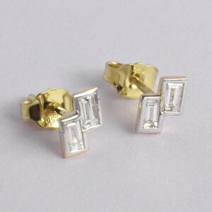Baguette Diamond Studs | Unique Baguette Diamond Studs  | 18K 14K 10K Solid Gold Bezel Set Baguette Diamond Earring | Duo Baguette Stud.