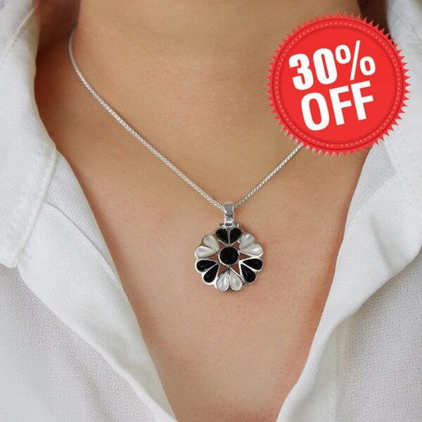 Black Onyx and Mother Of Pearl Flower Pendant Necklace, Black and white Gemstone Necklace, Genuine Gemstone Necklace, 925 Sterling Silver .