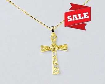 10K Gold Filigree Cross Necklace - Delicate Religious Jewelry