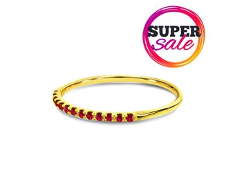 Anel Ruby Eternity: Anel de Ouro Maciço para Empilhamento, Pedra do Nascimento de Maio