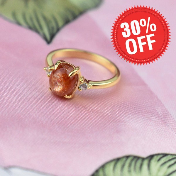 Sunstone Ring In 925 Sterling Silver With Accented CZ Stones Oval Natural Gemstone Healing Ring Orange Sunstone Ring Delicate Statement Ring