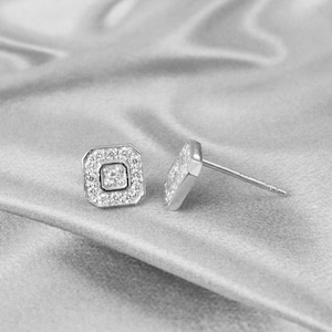 Diamond Emerald Cut Stud Earrings / Cushion shape Diamond Studs / 18K 14K 10K Gold Square Studs / Tiny Everyday Diamond Cluster Stud