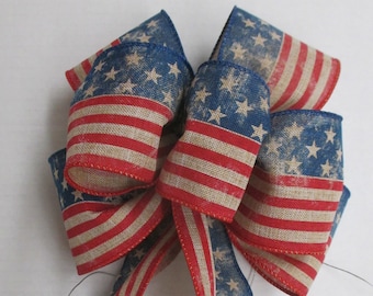 Small Weathered Patriotic Flag Style Bow 7" - Red White and Blue