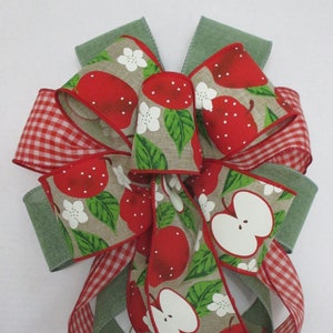 Apples on Beige Canvas, Red Linen w/ Check Accent Backing 10&quot; Bow