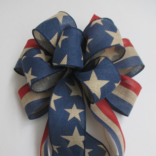 Large Rustic Patriotic Bow Door Hanger 10" - Red White and Blue Stripes with a Star Nose