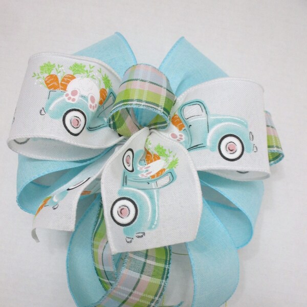 Small Deluxe Blue Bunny Truck Bow with Solid Backing - 8" Easter Bow