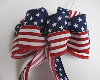 Small Patriotic Flag Style Bow 7" - Red White and Blue