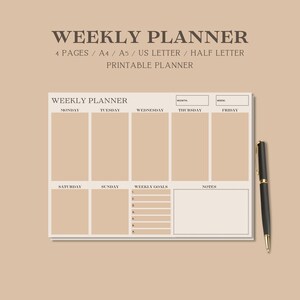 Weekly Planner Printable Landscape, Minimal Weekly Schedule, Weekly Organizer Journal, Weekly Agenda, Week At a Glance, A4/A5/Letter/Half