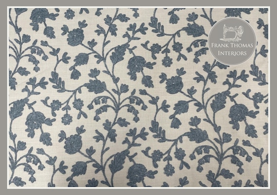 Lucca Embroidered Floral Linen Curtain Blind Upholstery Fabric  - SKY BLUE