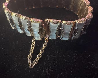 Damascene mother of pearl lucite link bracelet with safety chain