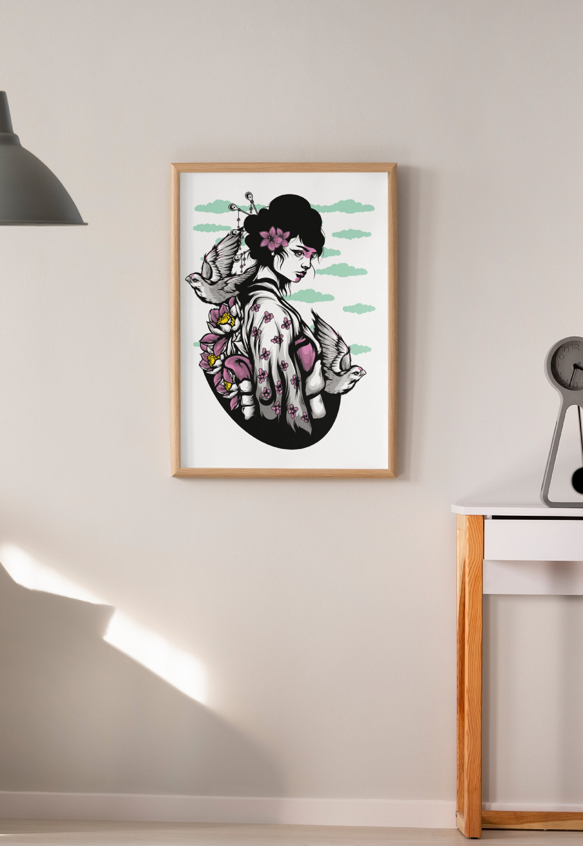 Illustration Encadrée Geisha Aux Oiseaux | Collection Japon