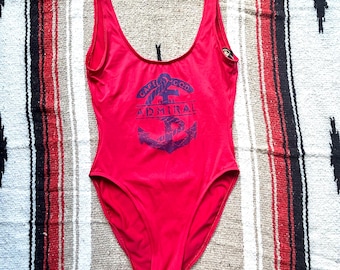 Traje de baño de una pieza Jantzen Cape Cod Admiral vintage de los años 80, talla 14, rojo, con estampado de ancla náutica.