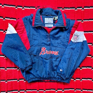 Chaqueta tipo jersey Starter de los Atlanta Braves de los años 90, talla grande, estilo vintage, cortavientos de la MLB, con capucha, de béisbol de EE. UU.