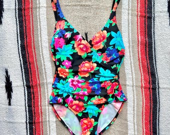 1990s Vintage Beach Bay Floral One Piece Swimsuit Size 6 Made in Hong Kong Tropical Bathing Suit