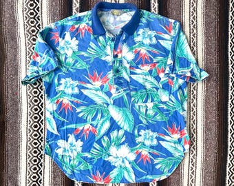 Polo hawaiano vintage Fast Threads de los años 90 / Talla L / Estampado floral tropical llamativo