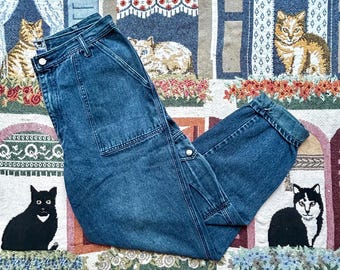 Vintage 1990s Denim Cargo Pants Today's News Blue Utility Jeans Baggy Workwear Grunge