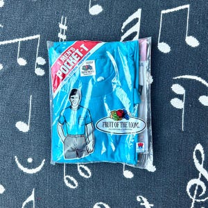 Sealed 1987 Fruit of the Loom Pocket Tee: Blue Vintage Deadstock, Made in USA