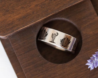 Desert Ring, Cactus Ring, Engraved Stainless Steel Ring, Nature Band Ring, Wanderlust Gift, Summer Ring, Best Friend Gift, Custom Thumb Ring