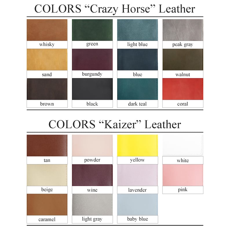 K&ouml;nnte beinhalten: Farbmuster von "Crazy Horse" und "Kaizer" Leder in verschiedenen Farbt&ouml;nen. "Crazy Horse" umfasst Whisky, Gr&uuml;n, Hellblau, Peak Grey, Sand, Burgunder, Blau, Walnuss, Braun, Schwarz, Dunkelt&uuml;rkis und Koralle. "Kaizer" umfasst Tan, Puder, Gelb, Wei&szlig;, Beige, Wein, Lavendel, Pink, Karamell, Hellgrau und Babyblau.