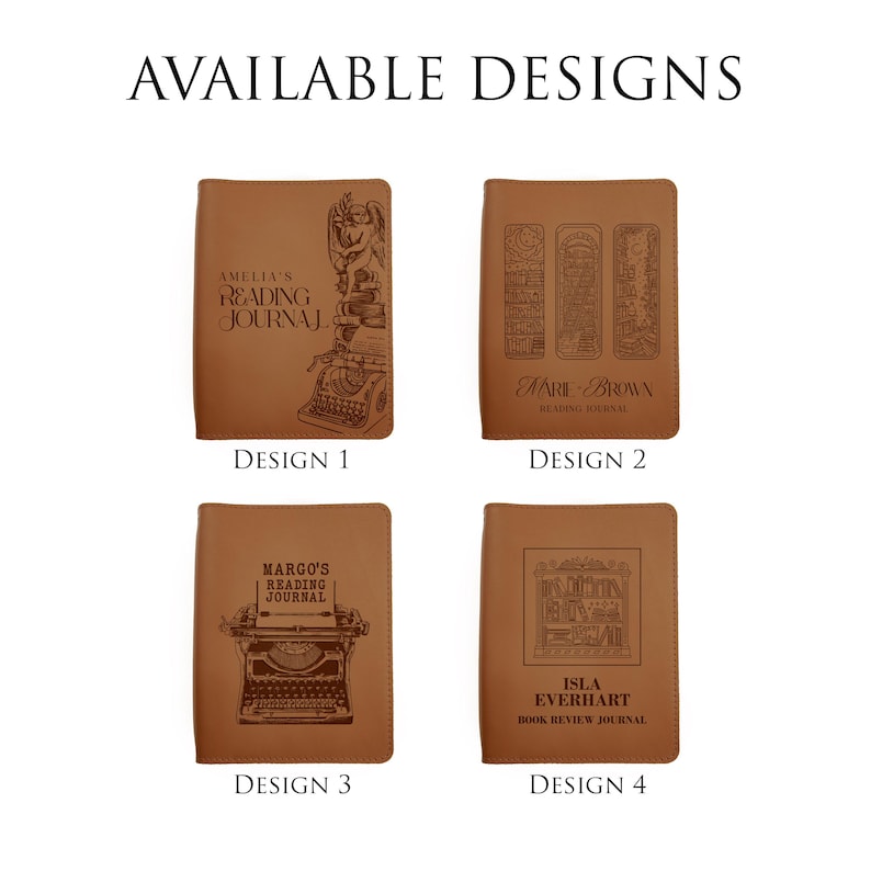Puede incluir: Cuatro diarios de cuero marr&oacute;n con diferentes dise&ntilde;os. Los diarios est&aacute;n etiquetados como Dise&ntilde;o 1, Dise&ntilde;o 2, Dise&ntilde;o 3 y Dise&ntilde;o 4. El texto "AVAILABLE DESIGNS" est&aacute; en la parte superior. Cada diario tiene un dise&ntilde;o y texto en relieve &uacute;nicos.