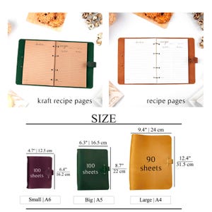 K&ouml;nnte beinhalten: Rezeptb&uuml;cher in verschiedenen Gr&ouml;&szlig;en und Farben. Das Bild zeigt ein kleines lila Notizbuch (12,5 cm x 16,2 cm), ein gr&uuml;nes Notizbuch (16,5 cm x 22 cm) und ein gro&szlig;es gelbes Notizbuch (24 cm x 31,5 cm). Die Notizb&uuml;cher haben linierte Seiten.